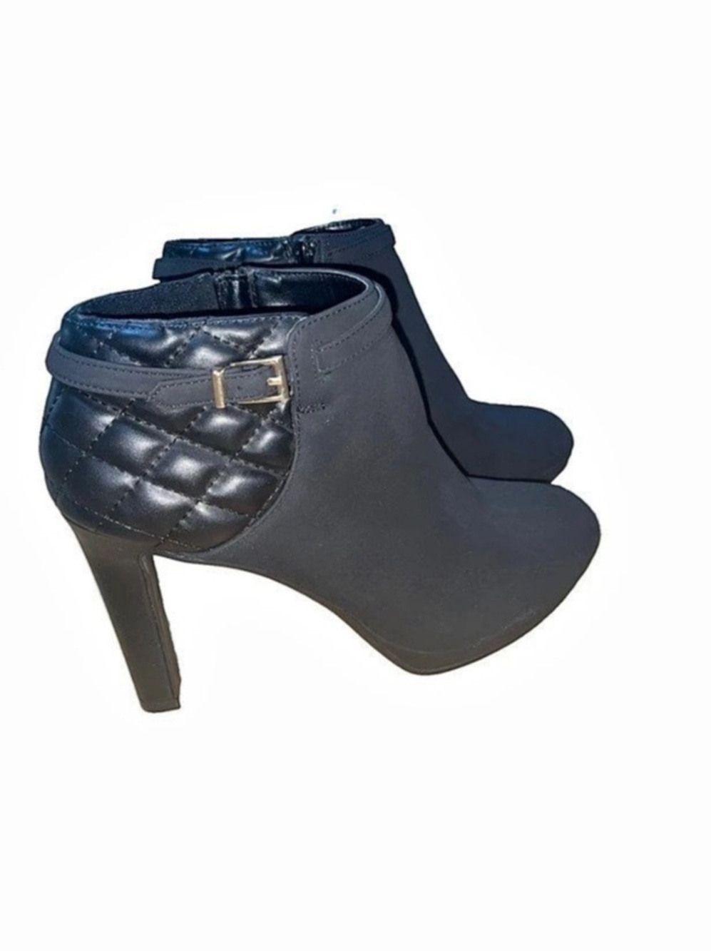 Impo Paulina Black Faux Suede Heeled Ankle Booties Quilted Back Sz 8 Buckle Zip